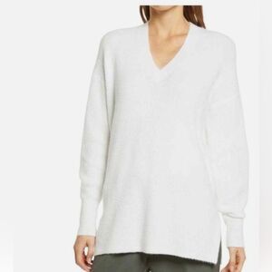 Halogen Nordstrom Ribbed Knit Cozy V Neck Tunic Sweater Ivory Cloud Small